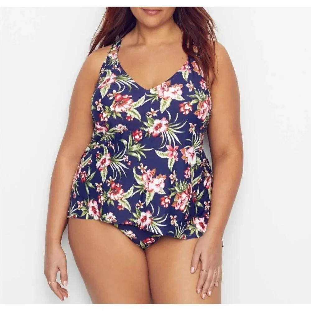Birdsong Size 24W Floral Tropical Plus Size Flyaway Underwire Tankini Swim‎ Top